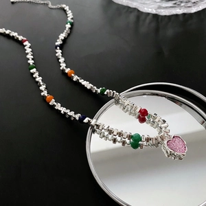 Collier Pendentif Cœur À Perles Colorées En Cuivre Chaîne Argentée Breloque À Paillettes Roses Bijoux Pour Femmes
