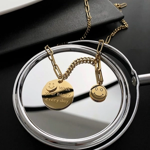 Smiley Face Titanium Steel Necklace For Women Round Engraved Tag Asymmetric Paperclip Chain Trendy Hip Hop Jewelry Gift