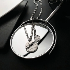 Silver smile face titanium steel necklace with layered chain and engraved pendant