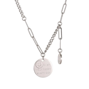 Silver smile face necklace with mixed chain links and Wish your happy every day engraving