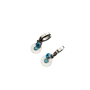 Silver retro drop earrings with blue evil eye and turquoise textured sunburst charms