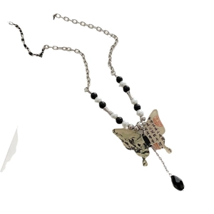 Collier papillon moderne avec peinture de paysage traditionnel chinois et pompons