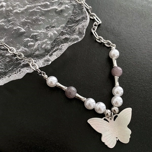Vintage Butterfly Pendant Necklace Silver Alloy Chain Spliced White Faux Artificial Pearl Purple Stone New Chinese Style Jewelry For Women