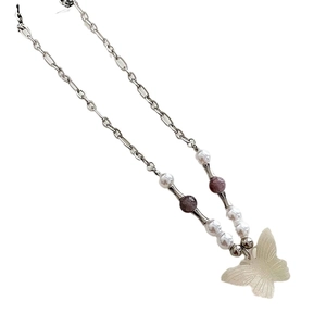 Vintage butterfly pendant necklace with white natural stone beads and silver chain