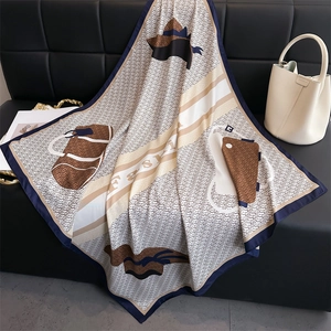 Elegant 90cm square silk scarf with blue border and fashion illustration on sofa