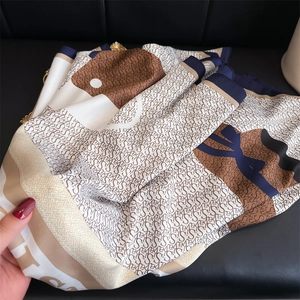 Elegant 90cm silk scarf with navy and brown letter pattern print and color blocking