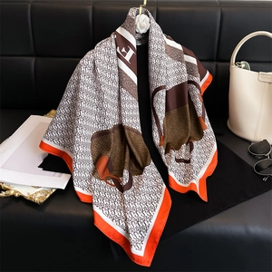 Elegant 90cm printed silk scarf with orange borders and classic letter patterns