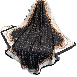 Classic black and white silk scarf with luxury gold chain print and vintage buckle design