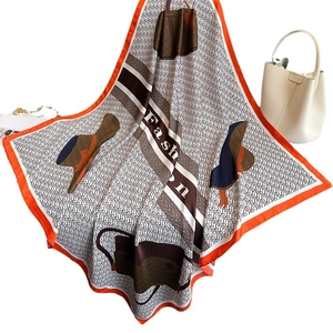 Elegant 90cm silk scarf with orange borders, fashion prints and letter patterns