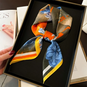 Chinese Style Floral Peony Landscape Print Faux Satin Square Scarf Herringbone Pattern Neck Headscarf Elegant Fashion For Women