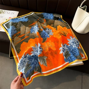 Silk-like mountain and peony square scarf in vibrant orange and deep blue colors