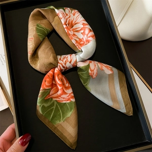 Floral print square silk scarf with ginger peony pattern and herringbone texture