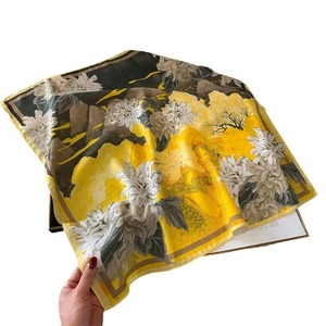 Elegant Chinese style square silk scarf featuring traditional floral and landscape prints