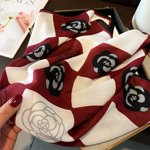 Silk neckerchief with checkerboard camellia pattern in red, white and black colors