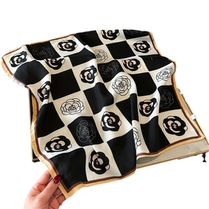Checkerboard camellia print silk scarf with thin texture and premium black-white finish