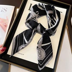 Elegant black and white chain print skinny scarf with vintage buckle and belt pattern