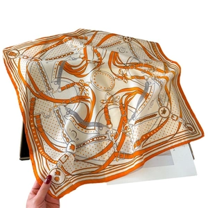Silk-feel square scarf with equestrian chain print in classic orange and white