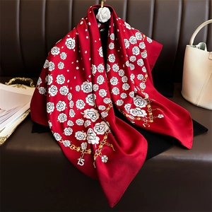 Polka dot camellia silk scarf with gold chain pattern and red base 90cm square wrap