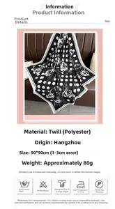 Detailed specs of 90x90cm polka dot floral silk scarf with care instructions and material
