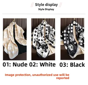 Three elegant polka dot silk scarves in beige, white, and black with floral patterns