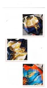 Detail of premium silk-like square scarf with retro chain and equestrian harness print