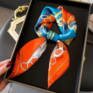 70cm square silk scarf with orange and blue equestrian chain print in a gift box