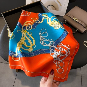 70cm silk square scarf with chain pattern and orange blue border for women