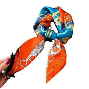 70cm elegant orange and blue silk scarf featuring horse-bit and chain prints