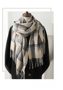 Detailed view of checkered tassel scarf featuring plaid patterns on a black coat
