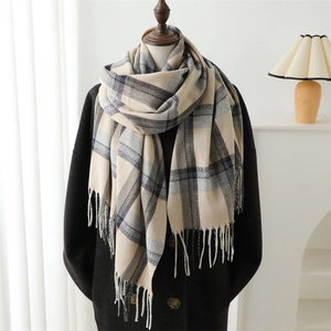 Plaid cashmere feel scarf in beige and navy blue with tassels for autumn and winter