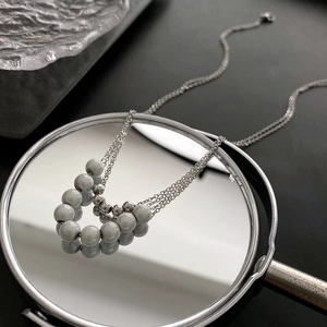 Double Layer Titanium Steel Necklace With Grey Faux Artificial Pearls And Metal Beads Minimalist Elegant Choker For Women