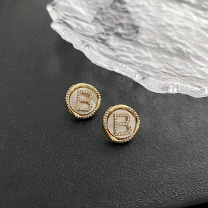 Round Letter B Stud Earrings With 925 Sterling Silver Earring Post Copper Shell Zircon Retro French Luxury For Women