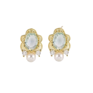 Vintage light blue micro-set earrings with oval gems and pearls in French luxury style