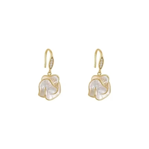 Elegant camellia flower earrings with gold finish and white petals for women