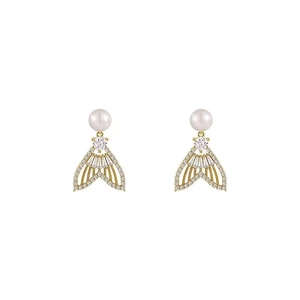 Elegant mermaid tail earrings with gold micro-pave crystals and white pearls for women