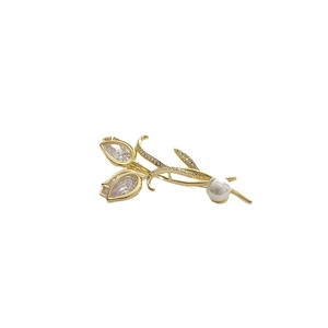Broche tulpe dorée élégante avec cristaux étincelants et perle blanche pour femme