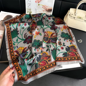 Vintage floral silk-like scarf with exotic patterns on a premium grey base background