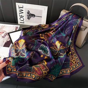 Vintage floral silk scarf in deep purple with French retro pattern and geometric borders