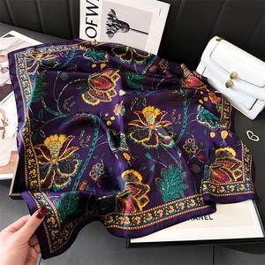 Vintage floral silk satin square scarf in deep purple with elegant hand-painted patterns