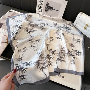 Bamboo print ivory satin square scarf with grey borders and elegant ink wash pattern