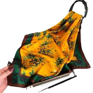 Chinese style 70cm faux silk scarf with elegant green bamboo leaf and flower patterns