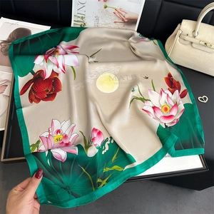 Elegant 70cm square silk scarf with lotus patterns and champagne gold finish
