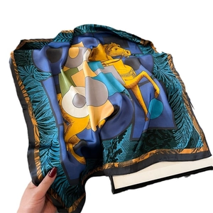 Luxury 70cm silk scarf featuring a yellow horse print and blue geometric block pattern