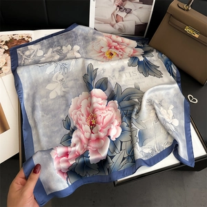 Elegant silk peony scarf with Matisse print and fog blue border for women