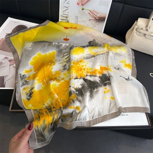 Carré de soie 70cm style peinture à l'huile avec motif floral graffiti jaune et gris