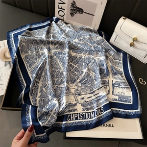 Elegant 70cm silk-like neck scarf with vintage blue map print and contrast border