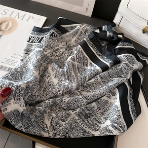 Detailed close-up of a 70cm silk-feel square scarf with a black and white map print design