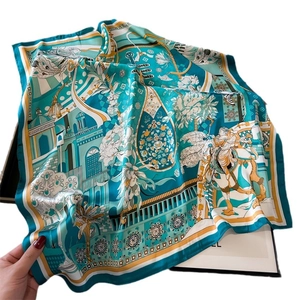Peacock green silk scarf with landscape ink painting and classical palace architecture