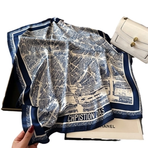 French style blue and white silk square scarf with vintage map print for women