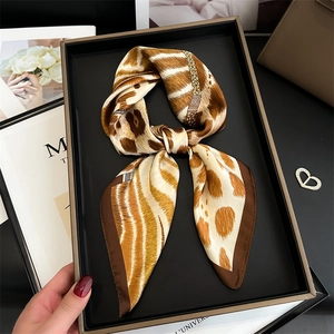 Elegant 70cm leopard print square silk scarf with geometric color block design for women